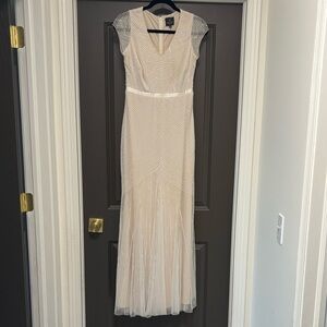 Adrianna Papell Cream Beaded Cap-Sleeve Evening Gown
